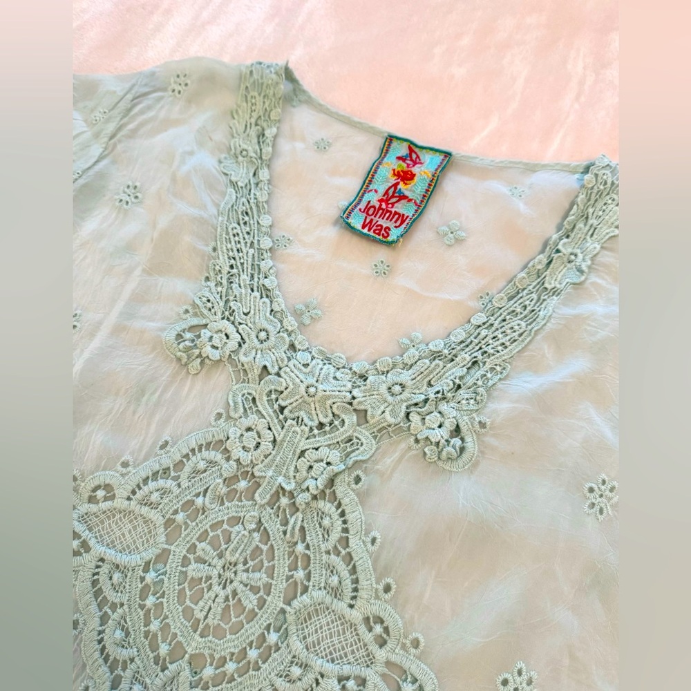 Johnny Was Kelso Eyelet Tunic Womens Sz S Short Sleeve Long Top in Arctic Mist - Picture 8 of 12
